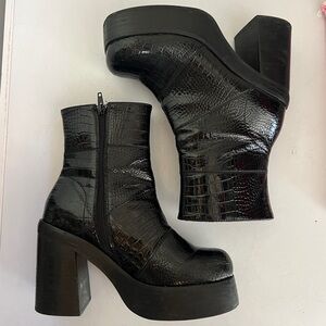 Black Croc Chunky Platform Ankle Boots